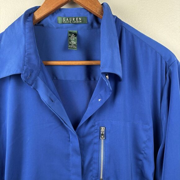 Ralph Lauren Women 1X Silky Royal Blue Hidden Button Top Pocket Career Corpcore - Picture 3 of 8